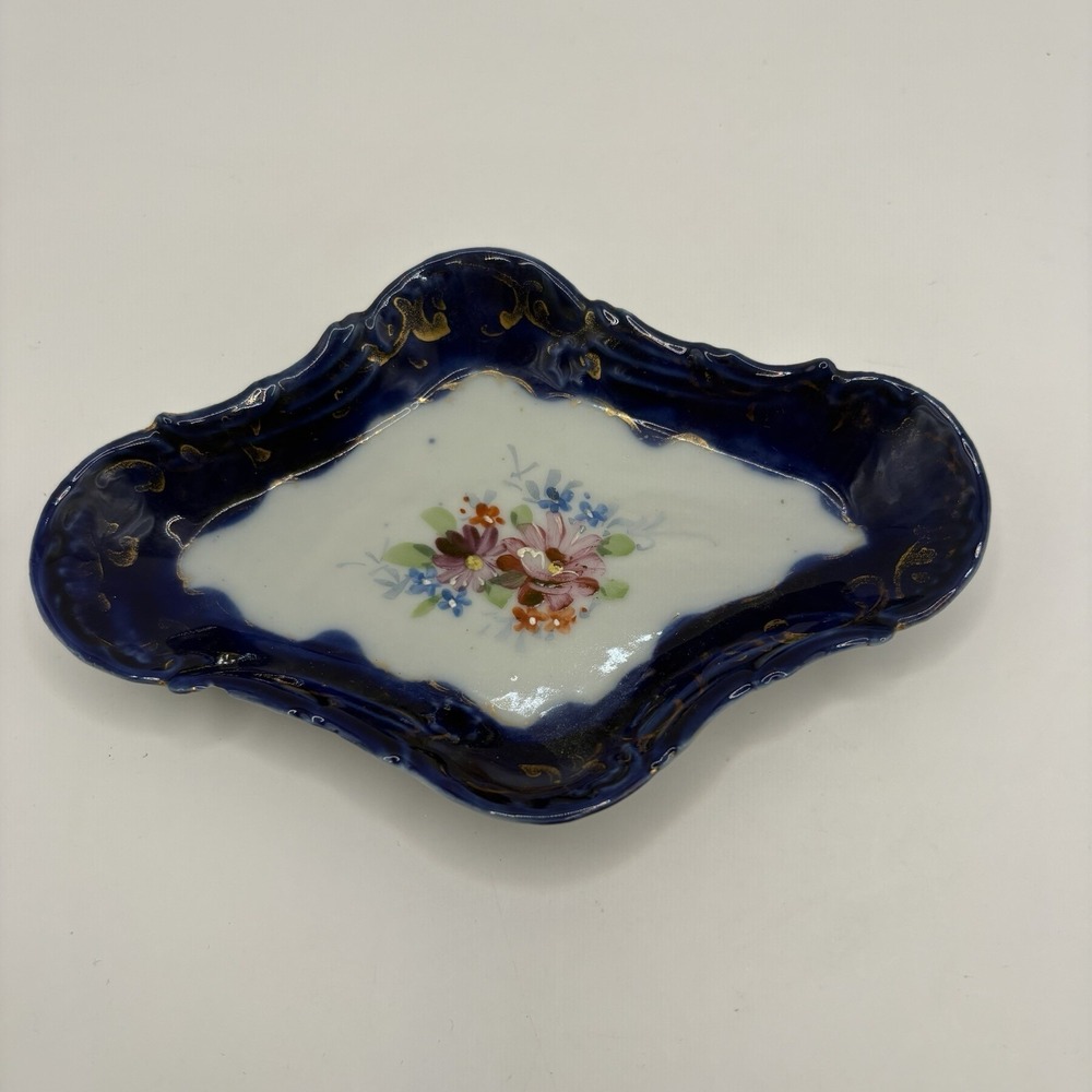 Vintage Porcelain Cobalt Blue Trinket Dish 6 Inch X 4 Inch Floral